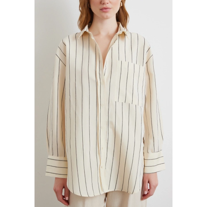 Kontrast Çizgili Modal Gömlek Siyah