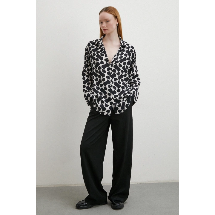 Kontrast Desenli Maroken Viskon Gömlek Siyah