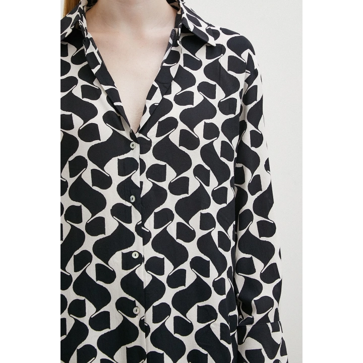 Kontrast Desenli Maroken Viskon Gömlek Siyah