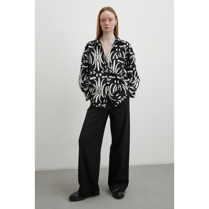 Kontrast Etnik Desen Krep Gömlek Siyah