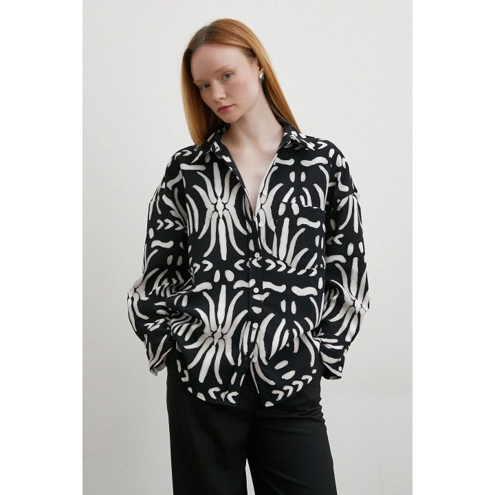 Kontrast Etnik Desen Krep Gömlek Siyah