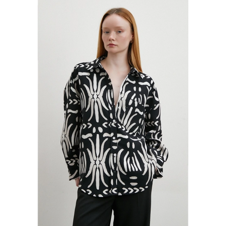 Kontrast Etnik Desen Krep Gömlek Siyah