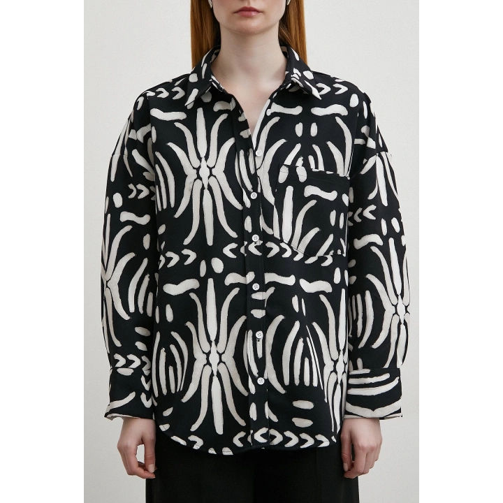 Kontrast Etnik Desen Krep Gömlek Siyah