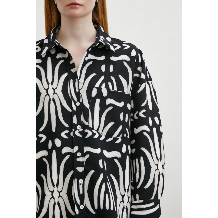 Kontrast Etnik Desen Krep Gömlek Siyah