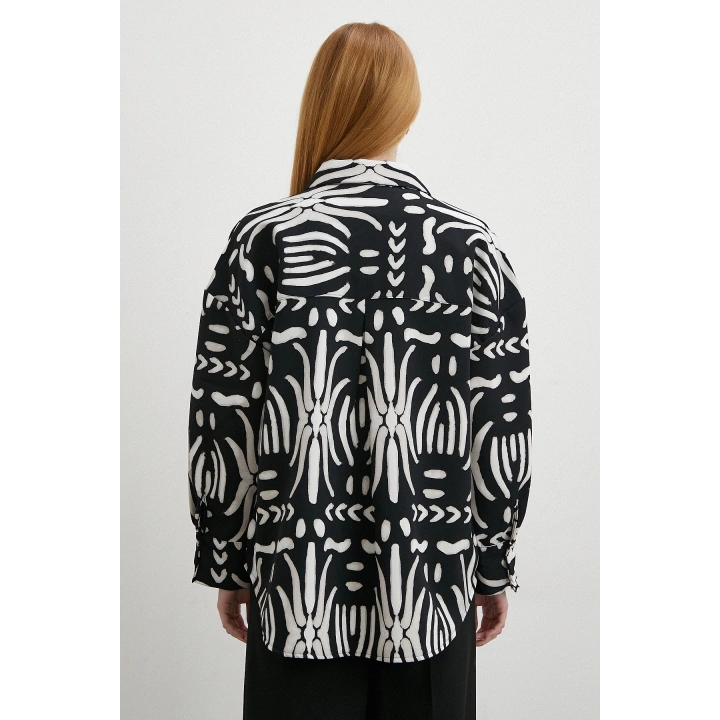 Kontrast Etnik Desen Krep Gömlek Siyah