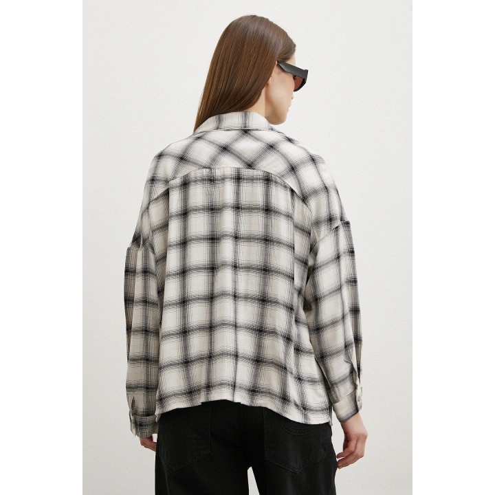 Körüklü Cepli Ekose Gömlek Krem