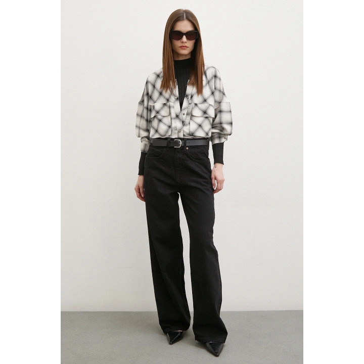 Körüklü Cepli Ekose Gömlek Krem