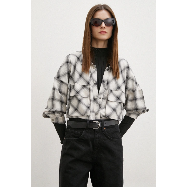 Körüklü Cepli Ekose Gömlek Krem