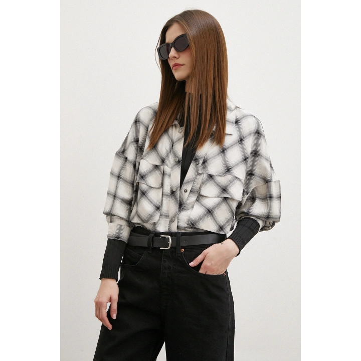 Körüklü Cepli Ekose Gömlek Krem