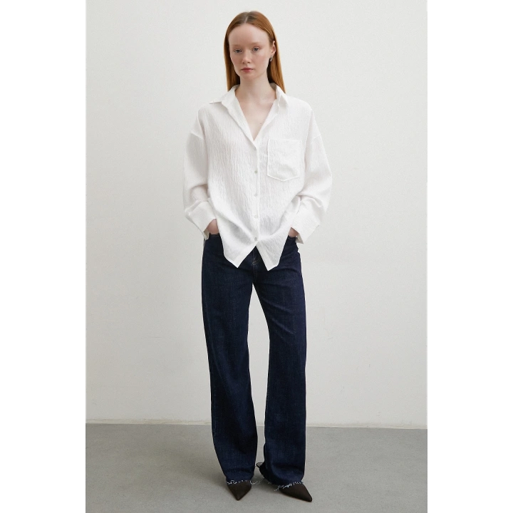 Kraşlı Cepli Gömlek Beyaz