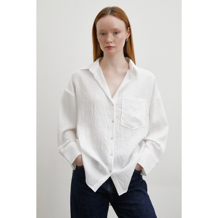 Kraşlı Cepli Gömlek Beyaz