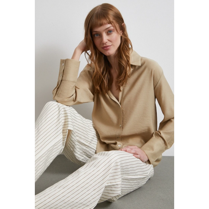 Kraşlı Saten Gömlek Bej