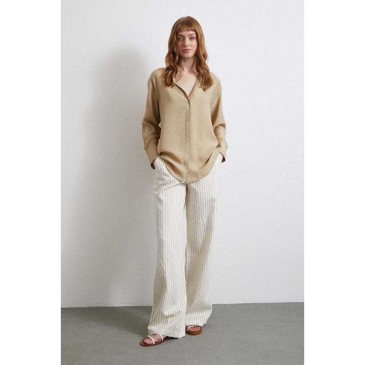 Kraşlı Saten Gömlek Bej