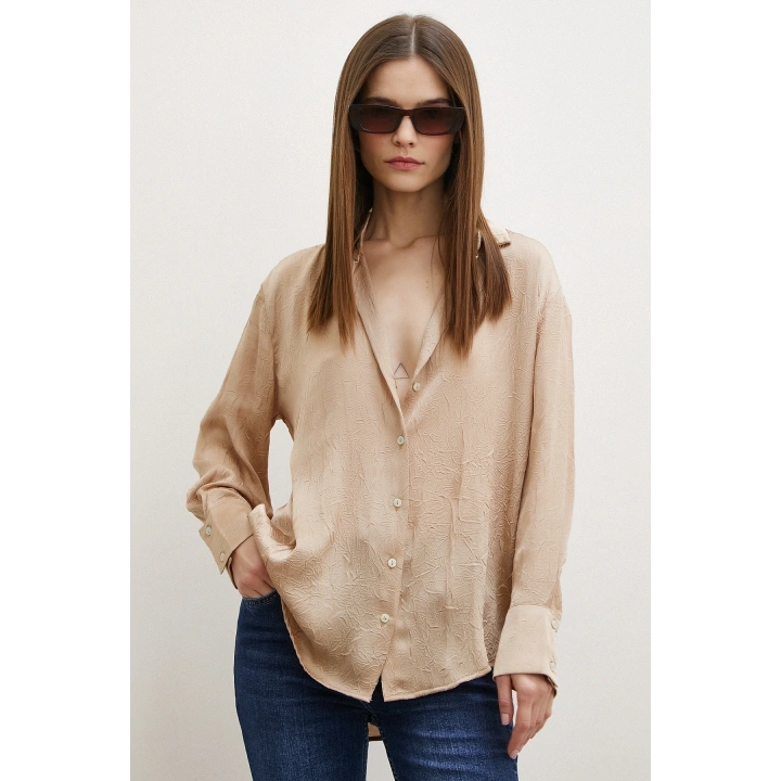 Kraşlı Saten Gömlek Vizon