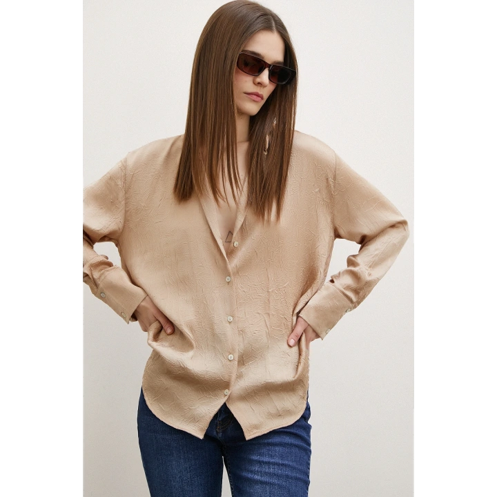 Kraşlı Saten Gömlek Vizon