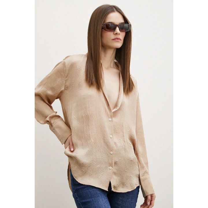 Kraşlı Saten Gömlek Vizon