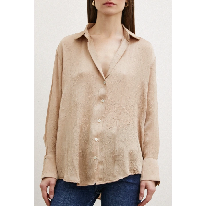 Kraşlı Saten Gömlek Vizon