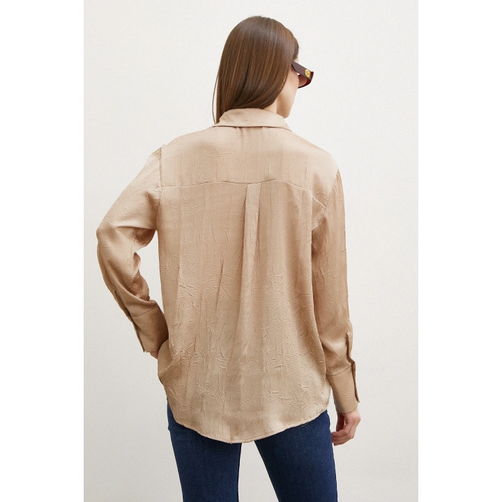 Kraşlı Saten Gömlek Vizon