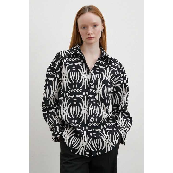 Krep Kontrast Desenli Gömlek Siyah