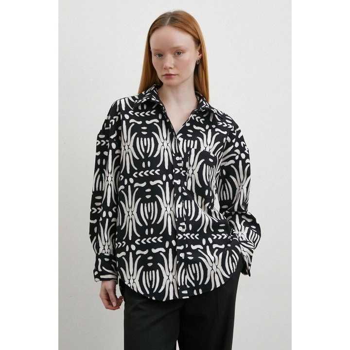 Krep Kontrast Desenli Gömlek Siyah