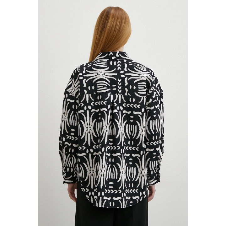 Krep Kontrast Desenli Gömlek Siyah