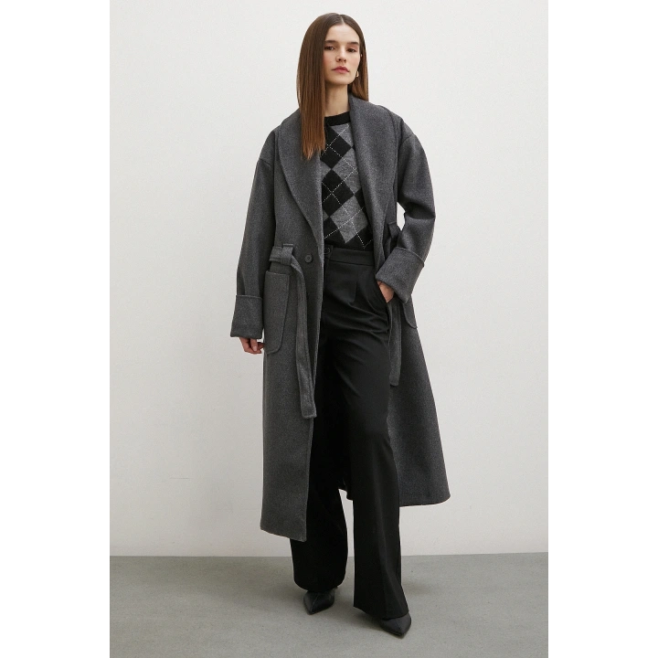 Kuşaklı Şal Yaka Kaban Antirasit