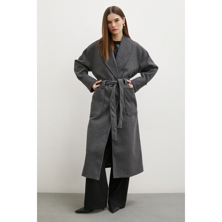 Kuşaklı Şal Yaka Kaban Antirasit