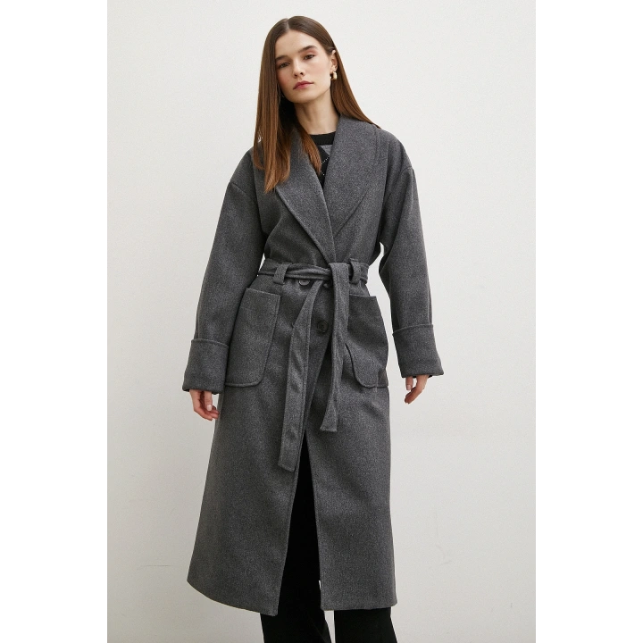 Kuşaklı Şal Yaka Kaban Antirasit