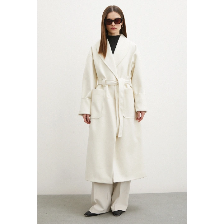 Kuşaklı Şal Yaka Kaban Ekru