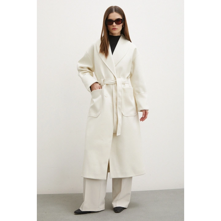 Kuşaklı Şal Yaka Kaban Ekru