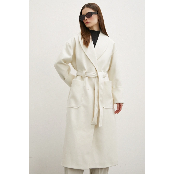 Kuşaklı Şal Yaka Kaban Ekru