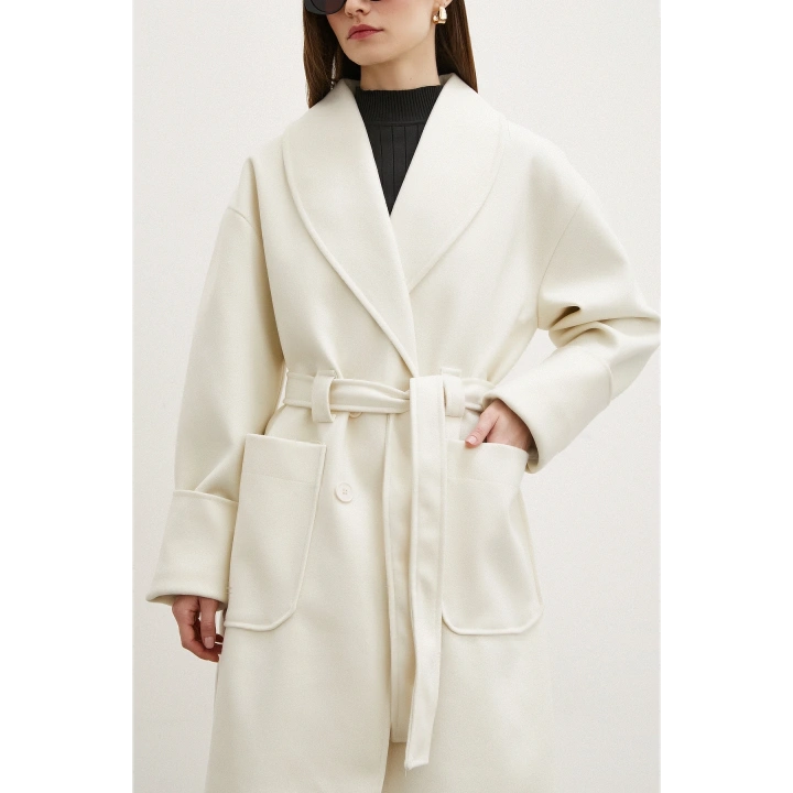 Kuşaklı Şal Yaka Kaban Ekru