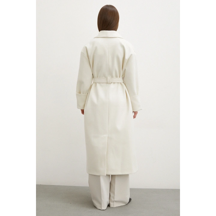 Kuşaklı Şal Yaka Kaban Ekru