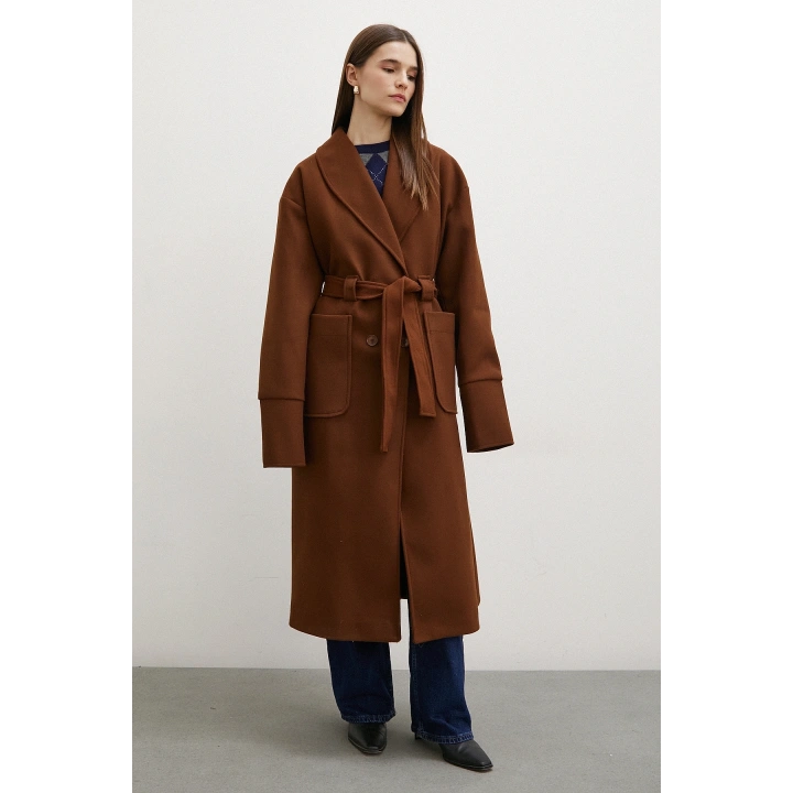 Kuşaklı Şal Yaka Kaban Kahve