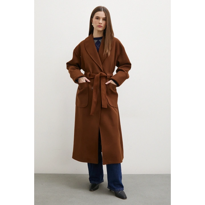 Kuşaklı Şal Yaka Kaban Kahve