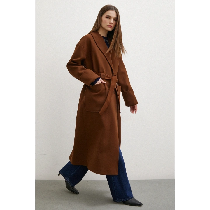 Kuşaklı Şal Yaka Kaban Kahve