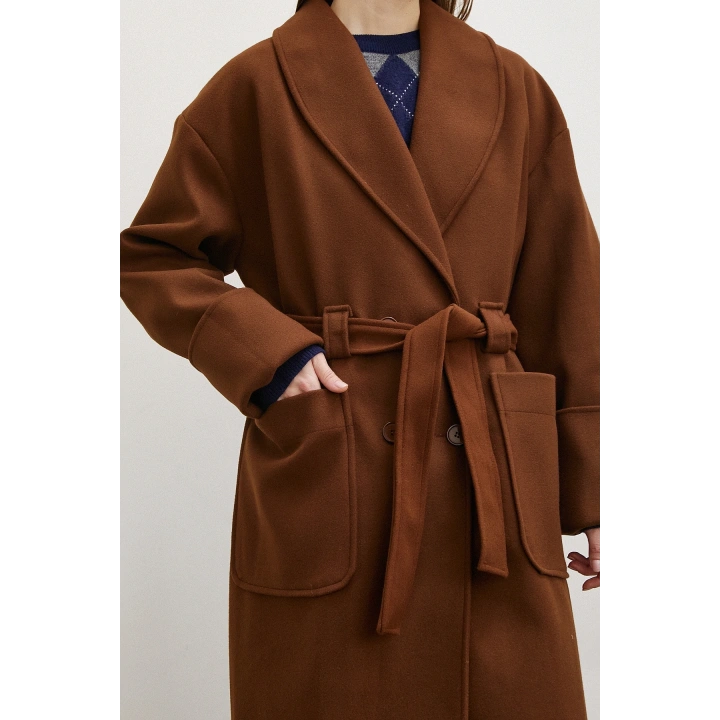 Kuşaklı Şal Yaka Kaban Kahve