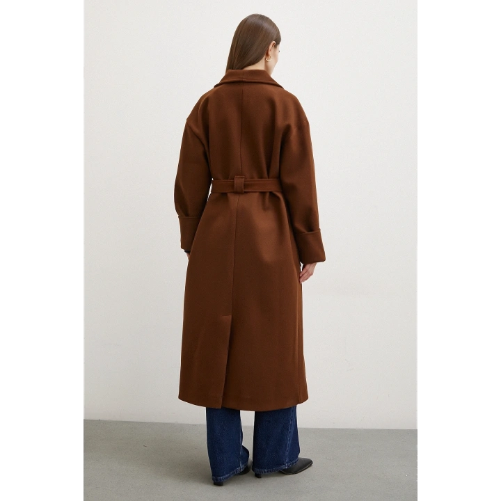 Kuşaklı Şal Yaka Kaban Kahve