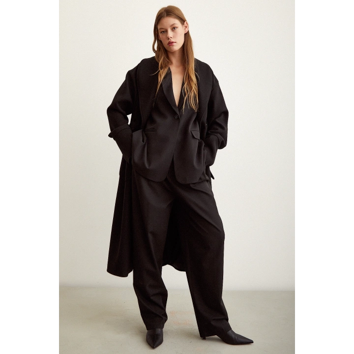 Kuşaklı Şal Yaka Kaban Siyah