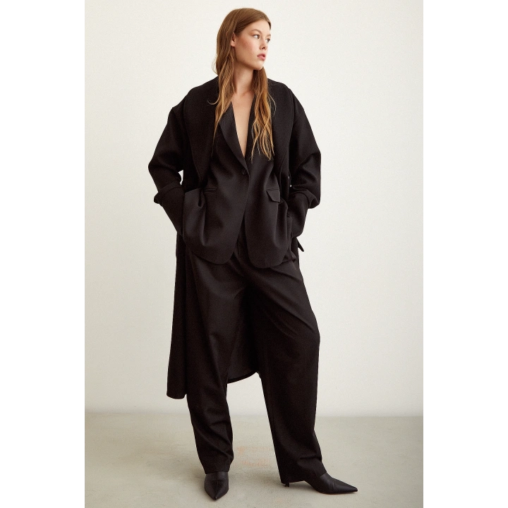 Kuşaklı Şal Yaka Kaban Siyah