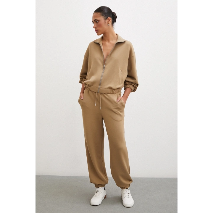 Lastikli Cepli Eşofman Altı Camel