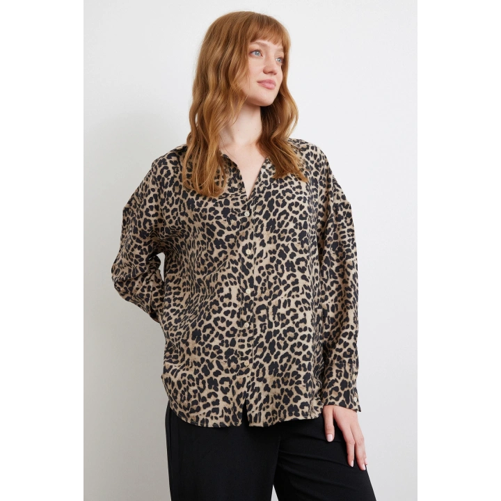 Leopar Desen Javanez Gömlek Siyah