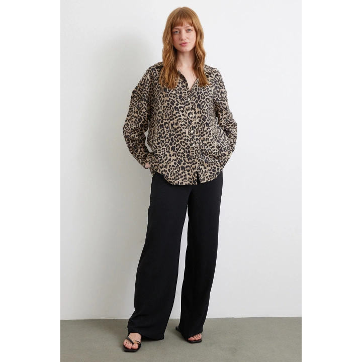 Leopar Desen Javanez Gömlek Siyah