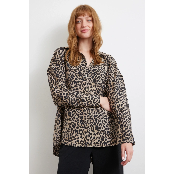 Leopar Desen Javanez Gömlek Siyah