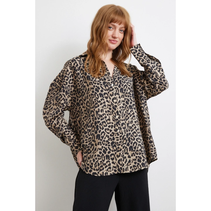 Leopar Desen Javanez Gömlek Siyah