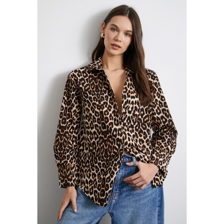 Leopar Desenli Poplin Gömlek Bej