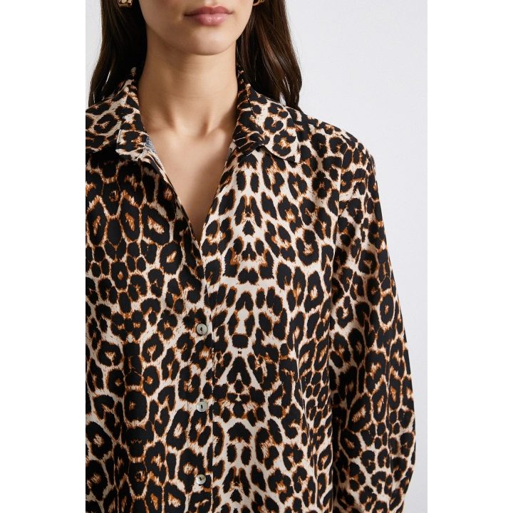 Leopar Desenli Poplin Gömlek Bej