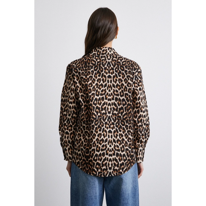 Leopar Desenli Poplin Gömlek Bej