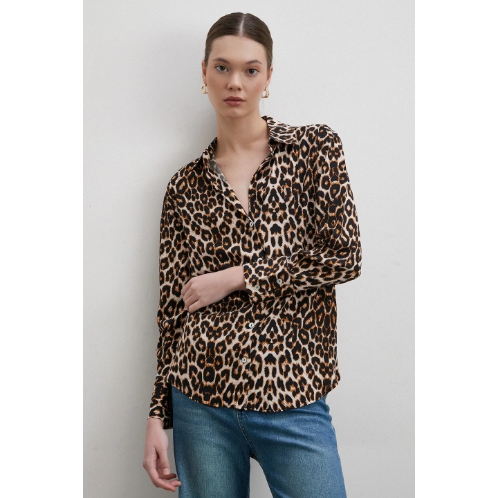 Leopar Desenli Viskon Gömlek Siyah