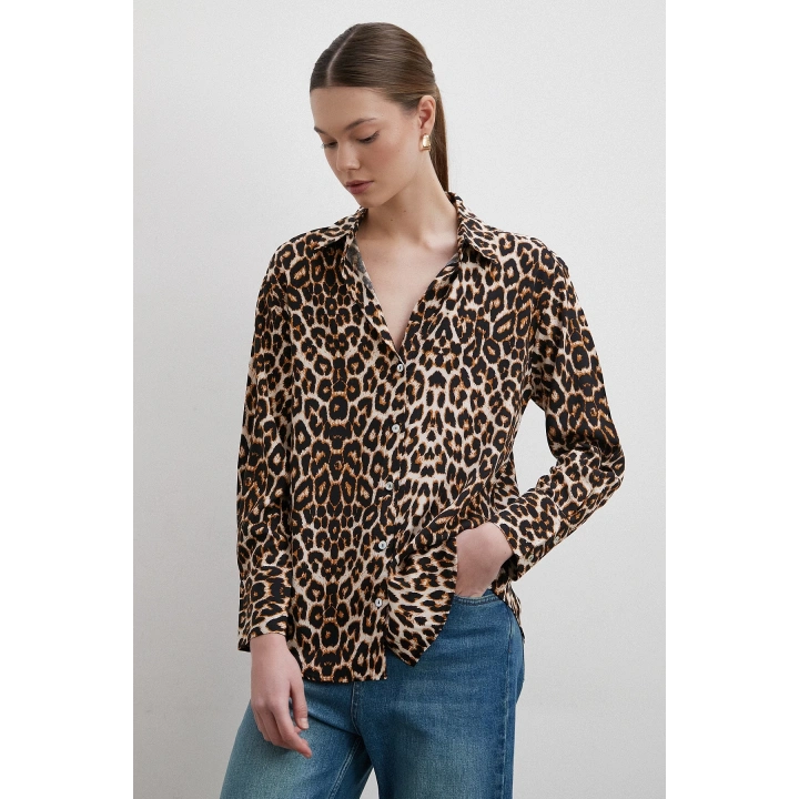 Leopar Desenli Viskon Gömlek Siyah
